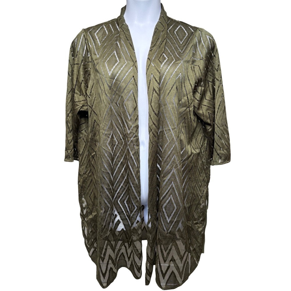 CATHERINES Womens Olive Green Sheer Open Front Cardigan 2X Geometric Boho-Chic